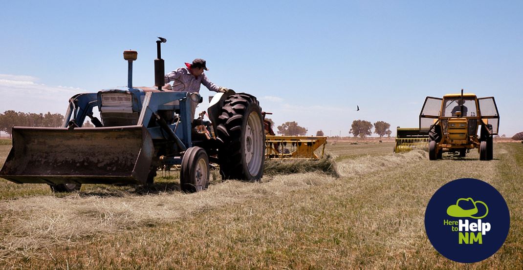 Farmers on tractors with here to help logo